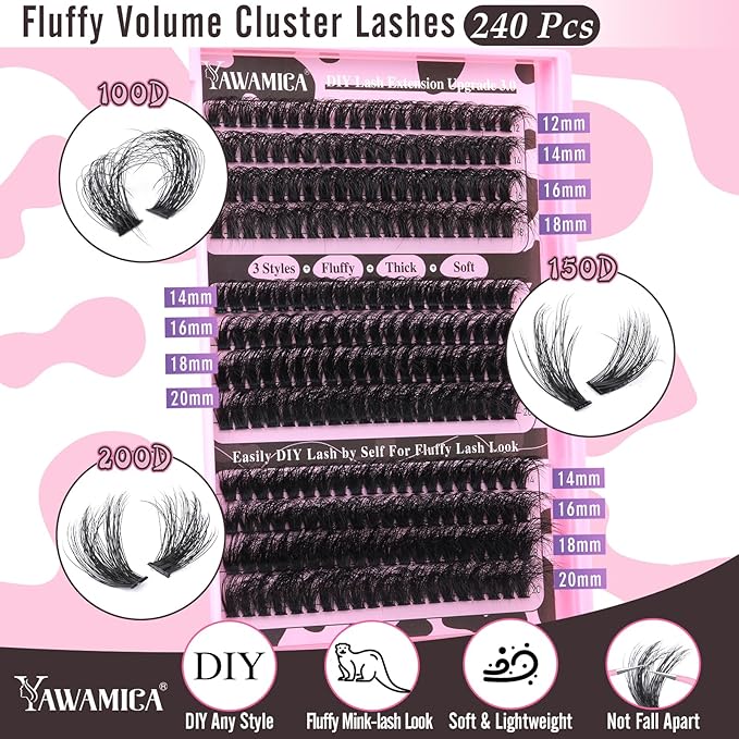 Yawamica Eyelash Extension Kit Fluffier Thick Volume Lash Extension Kit 14-20mm D Curly Mink Lash Clusters 240pcs Individual Lashes Kit with Bond and Seal and Lash Applicator DIY at Home for Beginner