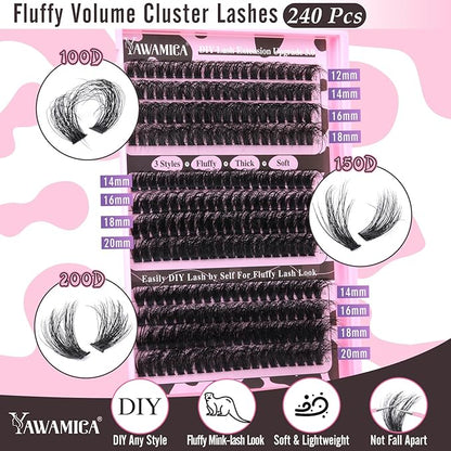 Yawamica Eyelash Extension Kit Fluffier Thick Volume Lash Extension Kit 14-20mm D Curly Mink Lash Clusters 240pcs Individual Lashes Kit with Bond and Seal and Lash Applicator DIY at Home for Beginner
