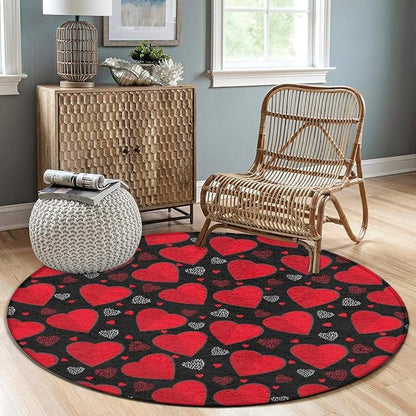 Soft Round Yoga Carpet, Large Home Decor Mat, Non-Slip Machine Washable Kitchen Office Circle Rug Compatible with Valentine's Day Elegant Red Love Heart Black