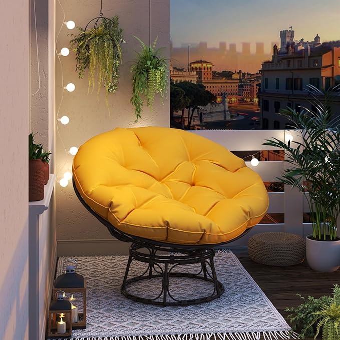 46'' Large Size Papasan Chair with Cushion and Frame, Overstuffed Thickened Lazy Chair, Mustard Yellow