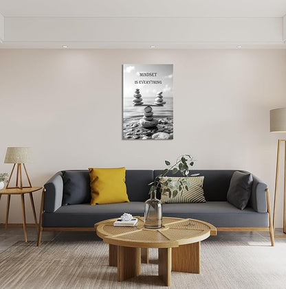 YIOZHAOFH Mindset Wall Art for Zen Office Inspirational Pictures Wall Decor Motivational Quotes Canvas Art Black and White Landscape Nature Print Poster Painting Framed for Meditation Spa Room Bedroom (16L x 24W)
