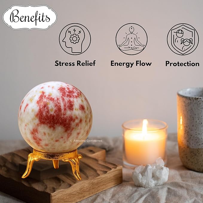 Amazing Gemstone Cinnabarite Crystal Ball with Stand - 2 Inches Crystal Sphere Meditation Balls for Witchcraft and Decorative Balls