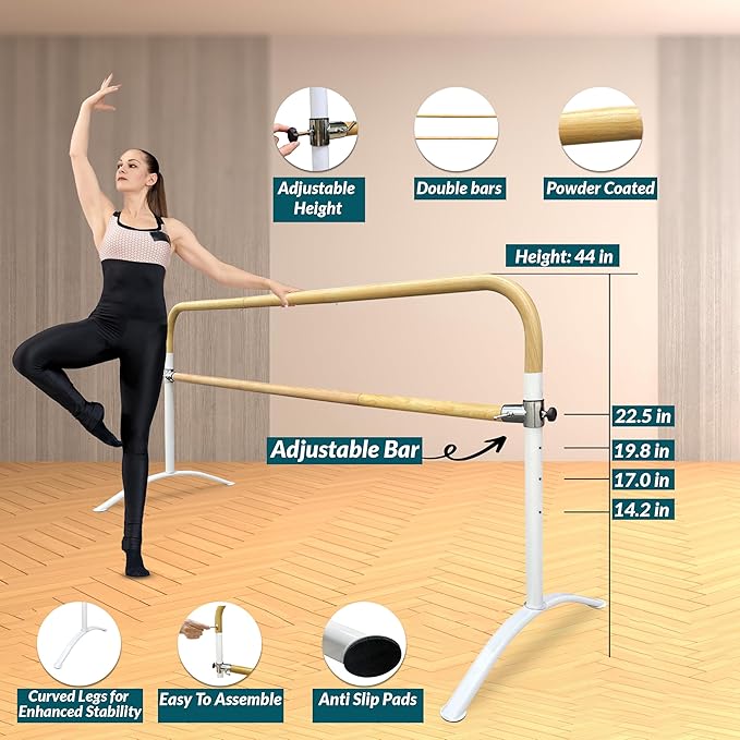 Ballet Barre Portable for Home or Studio, Height Adjustable Bar for Stretch, Pilates, Dance or Active Workouts, Single or Double Bar, Kids and Adults