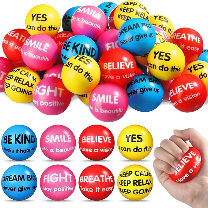 Liliful 48 Pieces Motivational Stress Balls Bulk for Adults Fidget Toys End of The Year Gifts Inspirational Squeeze Balls Employee Appreciation Gift Adult Goodie Bag 2. 2 Inch(Bright Colors)