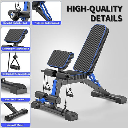 Adjustable Weight Bench – Foldable 800lbs Workout Bench for Full Body Strength Training, Incline/Decline/Flat Bench Press, Sit-Up Bench with Preacher Curl & Leg Extension for Home Gym