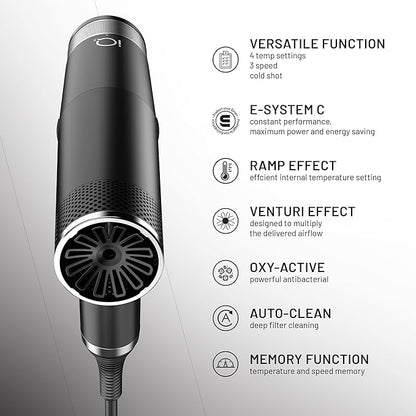 GA.MA iQ2 Perfetto Hair Dryer with 120,000 RPM Intelligent Turbo Motor, Auto-Standby, Oxy Active Technology, Includes 10 Filters, Black
