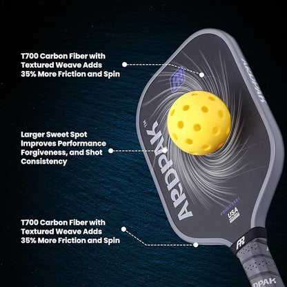 Pickleball Paddle, T700 Carbon Fiber Abrasion-Resistant Surface, 16MM Polypropylene Honeycomb core, USAPA Approved, High Grit,The Pickleball Paddle Designed for Control Spin & Consistency