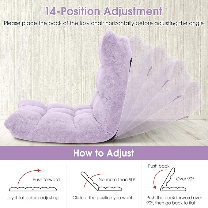 GORELAX Memory Foam Floor Chair, 14-Poistion Adjustable Reading Gaming Chair Recliner, Folding Cushioned Meditation Chair with Back Support, Padded Lazy Sofa for Adults, Kids (Light Purple)