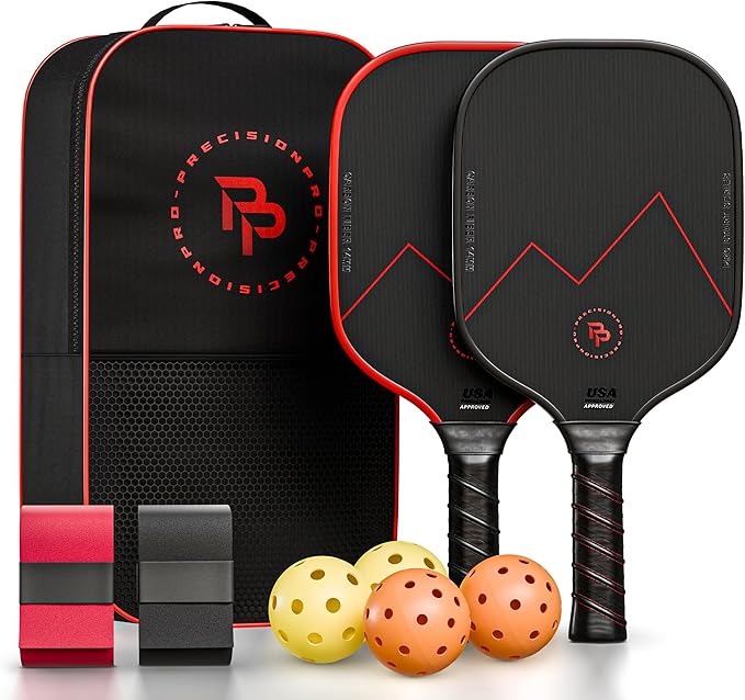 Precision Pro Premium Carbon Fiber Pickleball Paddle- 14mm Pickleball Paddles Set of 2 w/Unique Design Handles & Indoor Outdoor Pickleball Balls - Comfortable Pickleball Paddle Grip, USA Approved