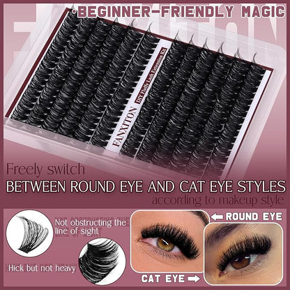 Cluster Lashes Volume Lash Clusters D Thick Eyelashes Extensions 14-16mm Mix 80D+100D Individual Lashes Thin Band Lash Bond and Seal Tweezers for DIY Lash Extension Beginners