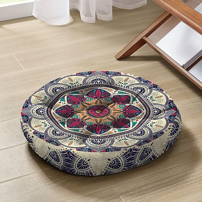Mandala Meditation Cushion, Boho Meditation Mat, Meditation Pillows for Sitting on Floor, Cushions for Sitting in Home and Outdoor, Round Floor Pillows Cushion Seating for Yoga 22'' X 22''