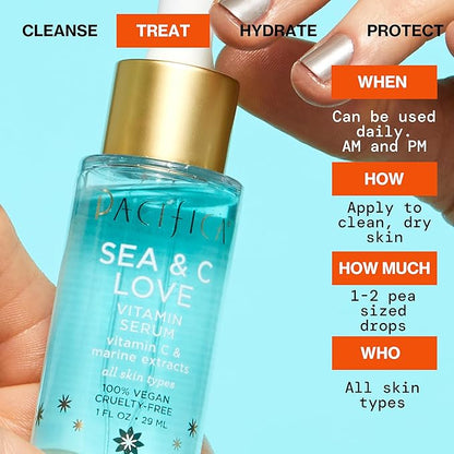 Pacifica Beauty Sea and C Love Vitamin C Serum, Skincare, Hyaluronic Acid, Green Tea, Marine Extracts, Blue Light Protection, Brightening, Lightweight, Face Care, Skin Care Serum, 1 fl oz (1 Count)
