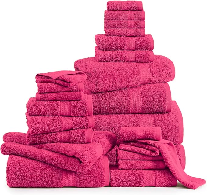 LANE LINEN 100% Cotton Bathroom Towels Set - 24 Pc - Ringspun - Plush, Quick Dry, Soft & Absorbent - 2 Bath Sheets, 4 Bath, 6 Hand Towels, 8 Washcloths, 4 Fingertip - Ideal for Daily Use- Fuchsia
