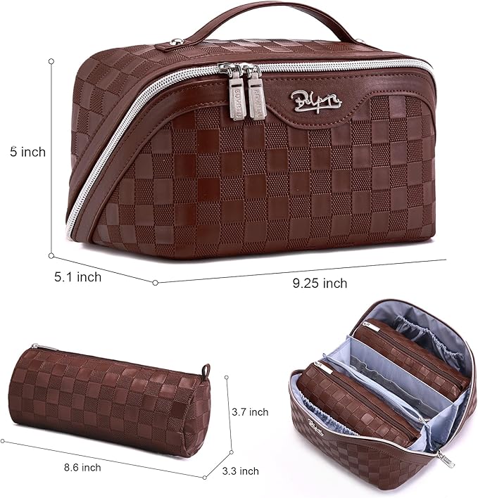 BOYATU Travel Makeup Bag Organizer Cosmetic Bag: 3 Pcs Set Make up Bags for Women with Handle - Waterproof Vegan Leather Toiletry Bags Travel Essentials Pouch with Compartments (C-09-Coffee)
