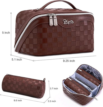 BOYATU Travel Makeup Bag Organizer Cosmetic Bag: 3 Pcs Set Make up Bags for Women with Handle - Waterproof Vegan Leather Toiletry Bags Travel Essentials Pouch with Compartments (C-09-Coffee)