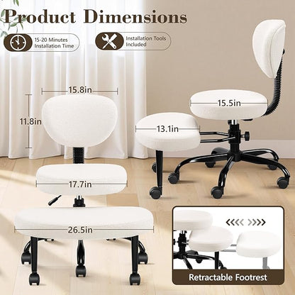 Ergonomic Cross Legged Office Chair with Wheels - Adjustable Height for Meditation, ADHD Desk & Yoga - Wide Criss Cross Design with Lumbar Support, Kneeling Chair - Off White