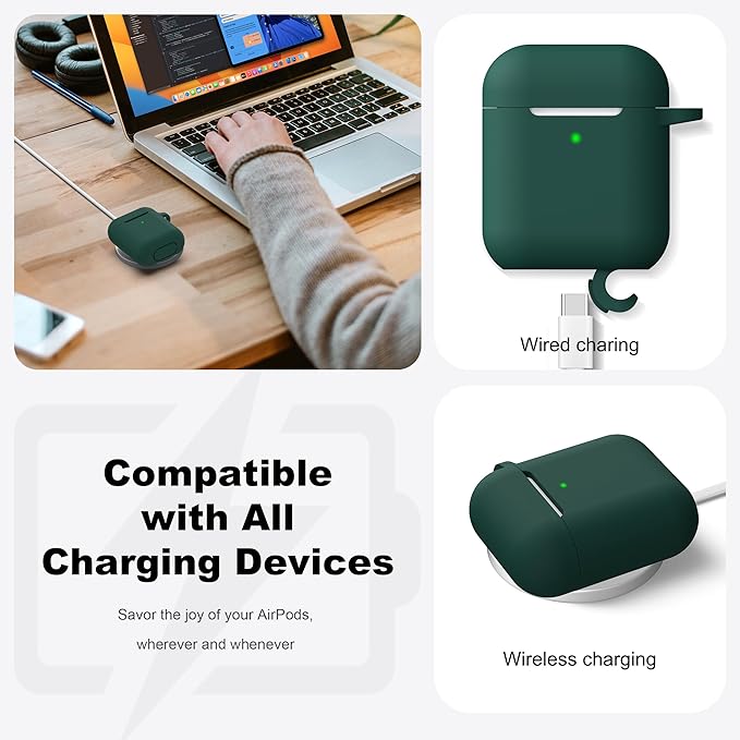 R-fun Compatible with AirPods Case Cover, Soft Silicone Protective Cover with Keychain for Women Men Compatible with Apple AirPods 2nd 1st Generation Charging Case, Front LED Visible,Black Green