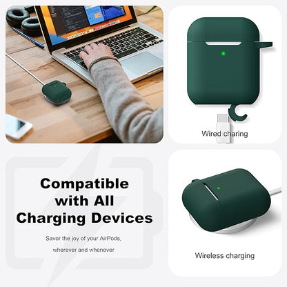 R-fun Compatible with AirPods Case Cover, Soft Silicone Protective Cover with Keychain for Women Men Compatible with Apple AirPods 2nd 1st Generation Charging Case, Front LED Visible,Black Green