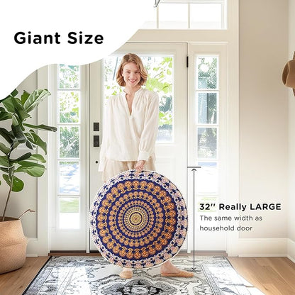 Codi Meditation Floor Pillows, Round Large Pillow Seating for Adults, Bohemian Mandala Circle Floor Cushion for Outdoor Fireplace Yoga Living Room, 32 Inch, Yellow Memory Foam Added