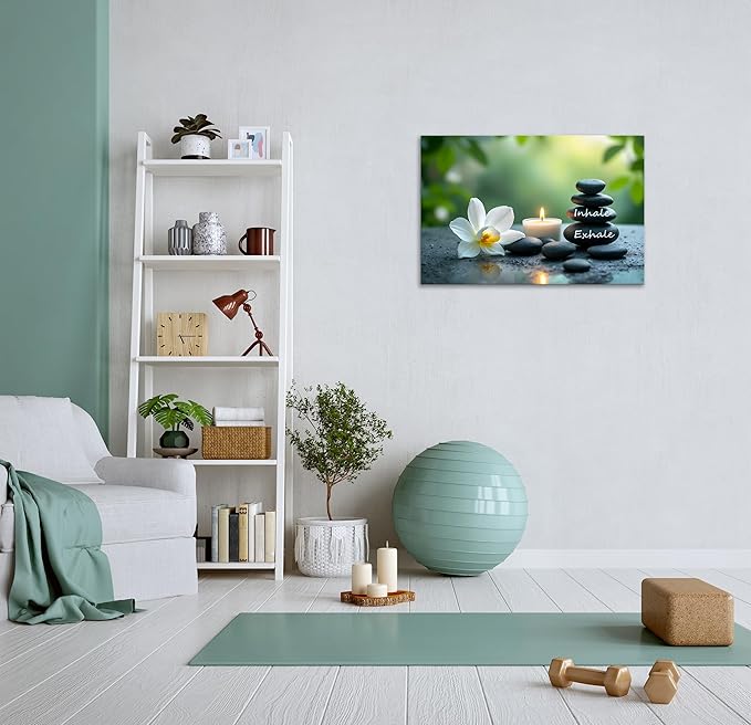 YIOZHAOFH Louts Wall Art Yoga Room Painting Zen Office Decor Women Spa Picture Calming Relax Canvas Prints Inhale Exhale Artwork Framed for Living Room Ready to Hang (20L x 30W)