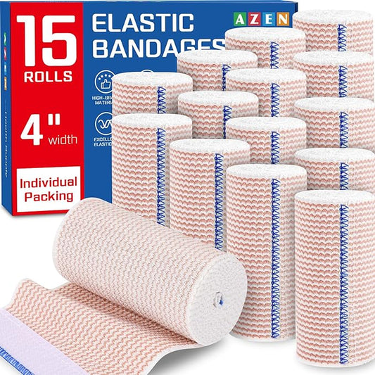 AZEN Premium 15 Pack Elastic Bandage Wrap 4 Inch, Compression Wrap Bandage for Legs, Lymphedema Wraps for Legs, Ankle, Knee, Tummy, Body, Latex-Free