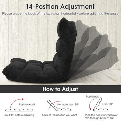 Giantex Folding Floor Chair with Back Support, 14 Adjustable Position, Padded Sleeper Bed, Couch Recliner, Floor Gaming Chair for Adults Meditation Living Room Bedroom, Black