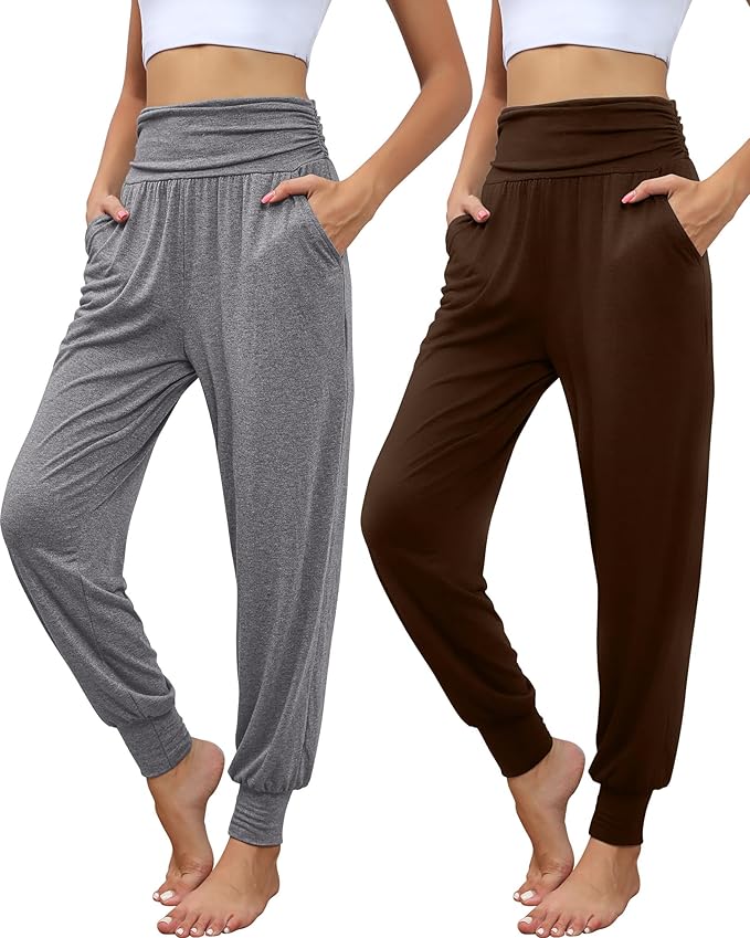 2 Pack Women's Yoga Joggers, Cozy Sweatpants with Pockets Casual Loose Comfy High Waisted Lounge Pants