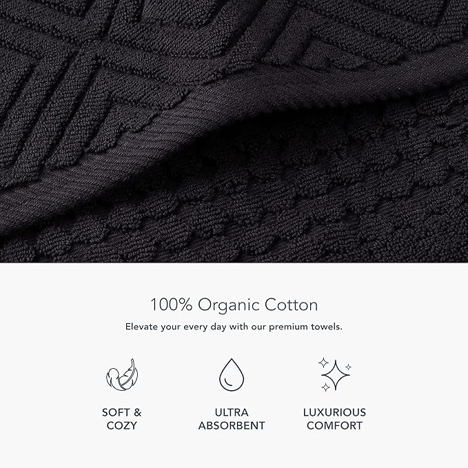 Texere 100% Organic Cotton Diamond Jacquard 700 GSM Luxury Bath Towel Sets - Spa Quality Bath Towels, Hand Towels, Washcloths (Diamond, Black, 6 Piece)