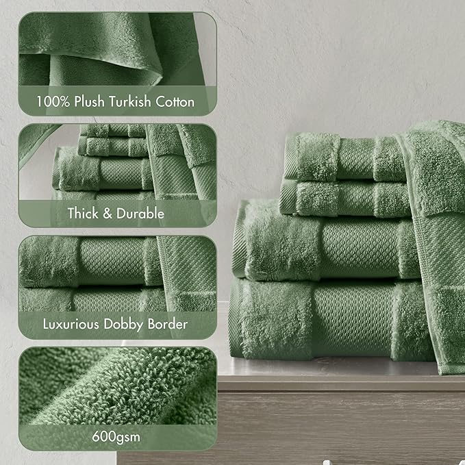 Madison Park Turkish Bath Towels 6pc, 2 Hand Towel for Bathroom, 2 Wash Towel, 2 Turkish Bath Towel Set, Luxury, 100% Cotton, Highly Absorbent & Quick Dry, Green