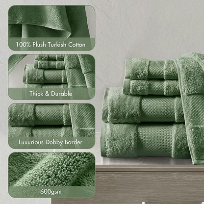 Madison Park Turkish Bath Towels 6pc, 2 Hand Towel for Bathroom, 2 Wash Towel, 2 Turkish Bath Towel Set, Luxury, 100% Cotton, Highly Absorbent & Quick Dry, Green