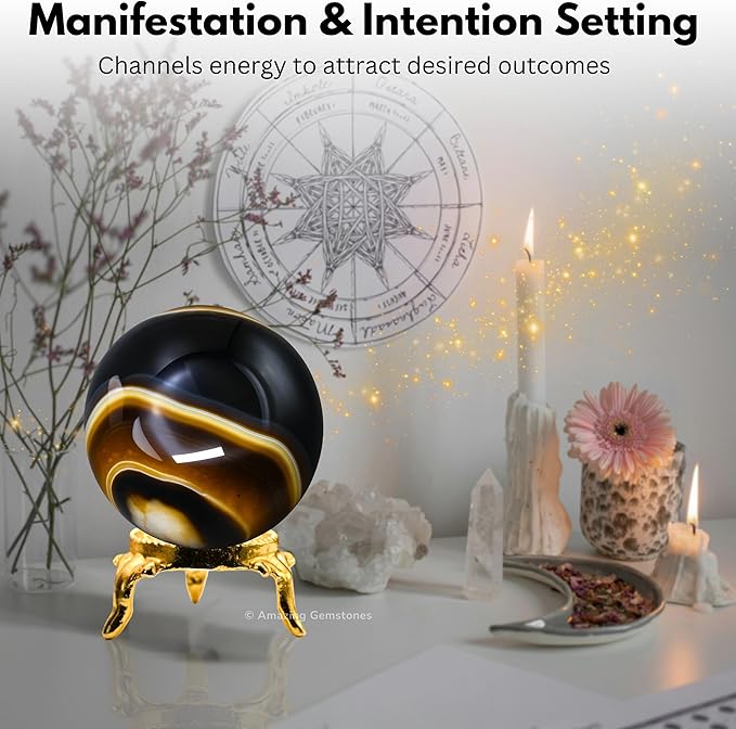 Amazing Gemstone Black Onyx Crystal Ball with Stand - 2" Inches Crystal Sphere Meditation Balls for Witchcraft and Decorative Balls