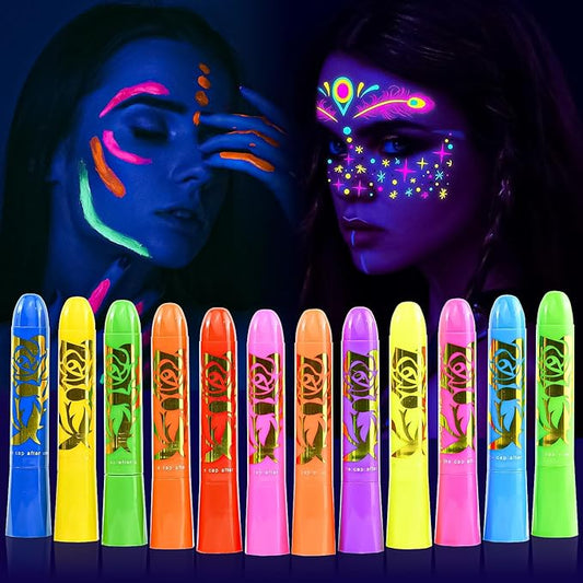 Glow in the Dark Paint, Non-Toxic Neon Face Paint, Washable Black Light Paint, Face Paint Markers for Halloween, Cosplay, Party, Compact UV Body Paint 12 PCS