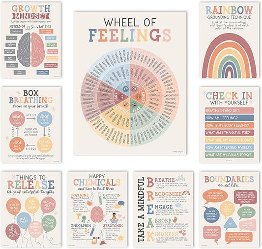 9 Mental Health Posters For Classroom - 11x14" School Counselor Office Decor, Power of Yet & Growth Mindset Poster, School Counseling Posters Elementary - Boho Muted Classroom Decor