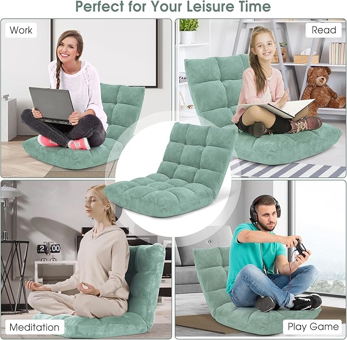 GORELAX Memory Foam Floor Chair, 14-Poistion Adjustable Floor Reading Gaming Chair Recliner, Folding Cushioned Meditation Chair with Back Support, Padded Lazy Sofa Chair for Adults, Kids (Green)