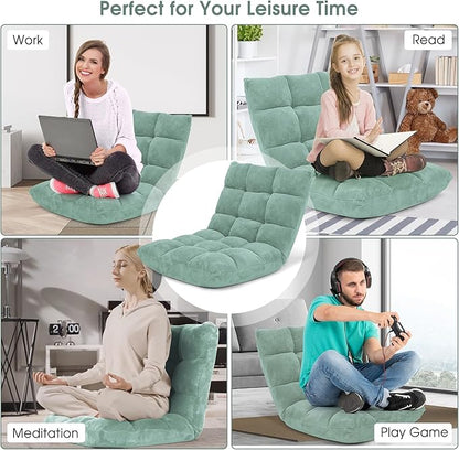 GORELAX Memory Foam Floor Chair, 14-Poistion Adjustable Floor Reading Gaming Chair Recliner, Folding Cushioned Meditation Chair with Back Support, Padded Lazy Sofa Chair for Adults, Kids (Green)