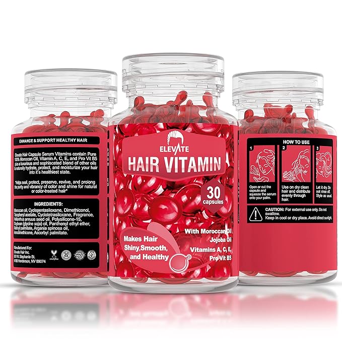 ELEVATE Hair Treatment Serum Oil Capsules - Conditioning Repair & Moisturizing Formula with Argan Jojoba Oils Vitamins A C E Pro Vitamin B5 Healthier Smooth Silky Thicker for Softness Shine
