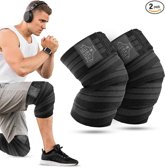 Bear Grips Knee Wraps - Heavy Duty Knee Brace Pair Compression and Elastic Support for Squats, Weightlifting, Powerlifting - Home Gym Workout Equipment Knee Support for Men and Women (Black and Gray)