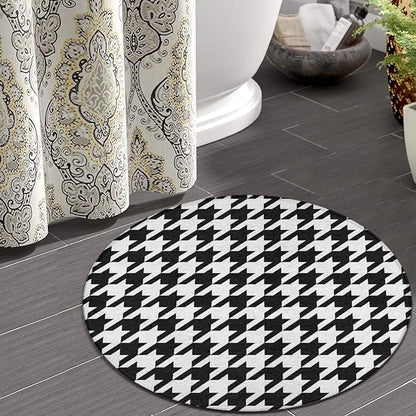 Large Machine Washable Circular Rugs, Home Decor Round Mat for Living Room Sofa Office Compatible with Black and White Houndstooth