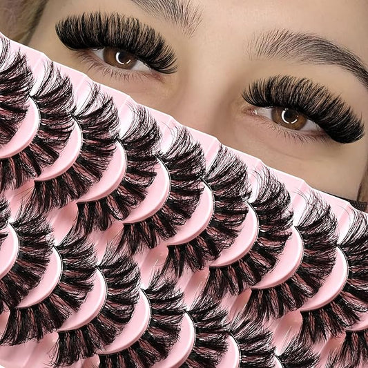 Lashes False Wispy Eyelashes Volume Cat Eye 11-18 mm Long Lash Strips Fake Mink Eyelash Pack Natural Look Fluffy Full Strip Lashes Clear Band Easy Eyelashes for Beginners with Cluster Looking
