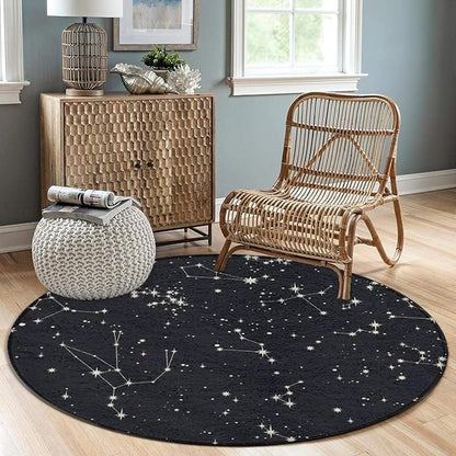 Large Home Decor Mat, Soft Round Yoga Carpet, Non-Slip Machine Washable Kitchen Office Circle Rug Compatible with Zodiac Constellation Galaxy Black Starry Night Stars Glow Dark Midnight