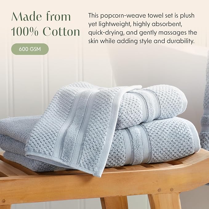 Springtree Home Blue Bath Towels Set of 4 | Popcorn Textured | 100% Combed Cotton | Absorbent Quick-Dry Towels for Bathroom | Oeko-TEX® Standard 100 Cotton | Poli Collection - Blue Fog