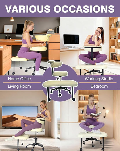 PYY Cross Legged Office Chair - with Wrap-Around Armrest, 300lbs Load Capacity Meditation Chair with Wheels for Adults, Adjustable Height Yoga Chair, Ergonomic Chair for Home and Office