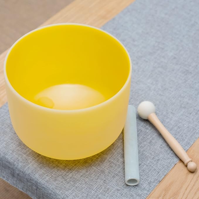 Leize Quartz Crystal Singing Bowl 432hz E Note Solar Plexus Chakra Yellow 10" with Suede Striker