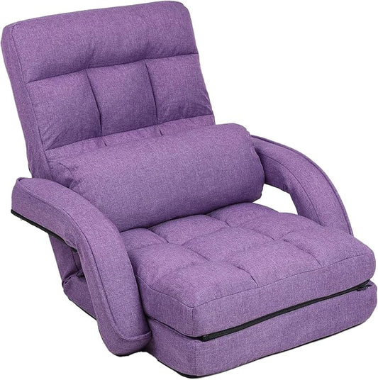 FLOGUOR 42-Position Adjustable Floor Chair, Chaise Lounge Indoor, Folding Lazy Sofa with Armrests and a Pillow Padded Adults Gaming Chairs for Living Room, Bedroom Factory Price, 8803XM (Purple)
