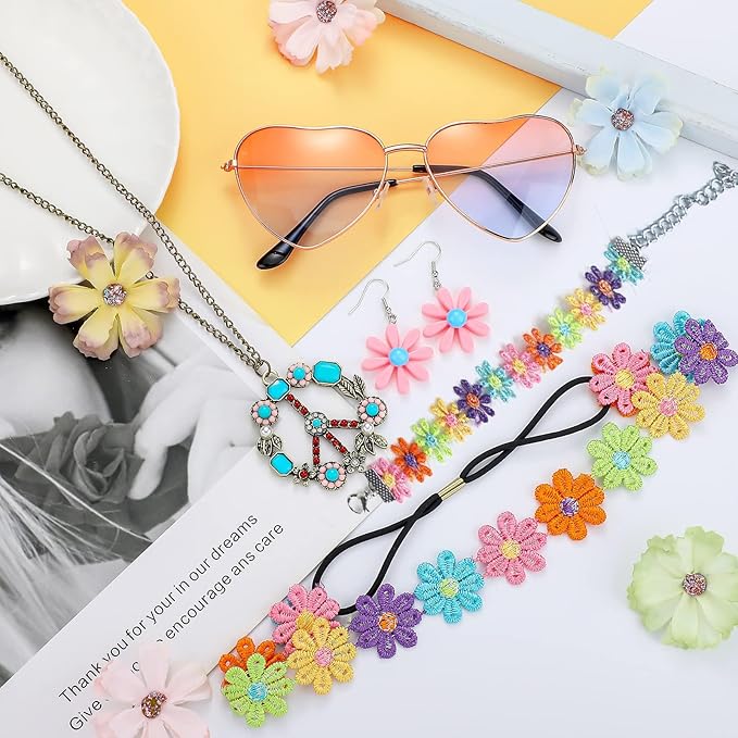 5 Pcs Hippie Costume Accessories Set Women, 60s 70s Party Dressing Accessory Peace Sign Necklace Party Decorations for Party