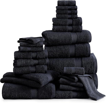 Lane Linen 100% Cotton Bathroom Towel Set - 24 Pc - Durable & Absorbent, Super Soft, Daily Use, Machine Washable - 2 Bath Sheet, 4 Bath, 4 Fingertip, 6 Hand, 8 Washcloth - For Boys, Gym & Dorm - Black
