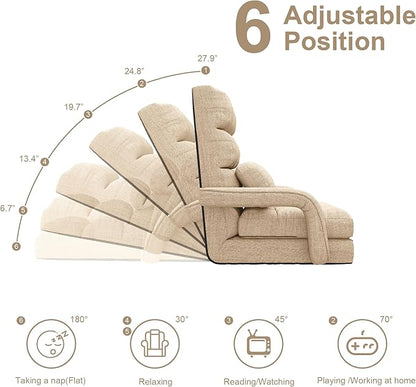Floor Gaming Chair for Adults, 6-Position Adjustable Chaise Lounge Chair with Meditation Arm, Foldable Lazy Sofa with Pillow, Comfy Chair Indoor for Bedroom Dorm Living Room, Beige