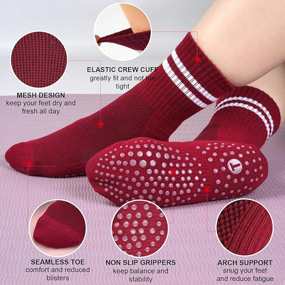 Toes Home Pilates Socks for Women with Non Slip Grippers, Yoga Crew Socks for Barre Hospital Sticky Slipper Socks 4 Pairs