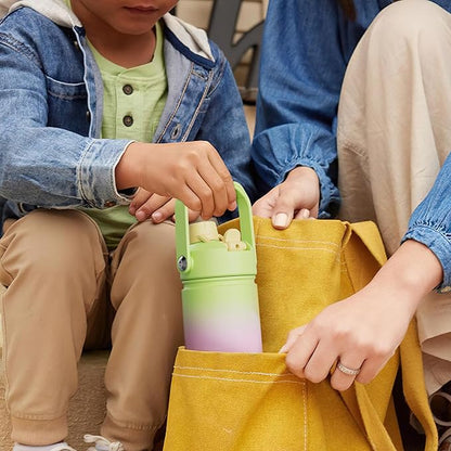 Kids Insualated Water Bottle with Straw - 12oz Stainless Steel Water Bottle with Dual Spouts, Leak-Proof, BPA-Free, Double Wall Vacuum Keeps Cold for 24 Hours for Sports, Travel, School (Raw Umber)