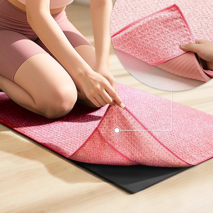 2 Pack Hot Yoga Towel Yoga Mat Towels Non Slip for Hot Yoga Stickyfiber Microfiber Quick Dry Soft Absorbent with Corner Pockets Cover Bikram Pilates Exercise Fitness 24" X 72"Pink